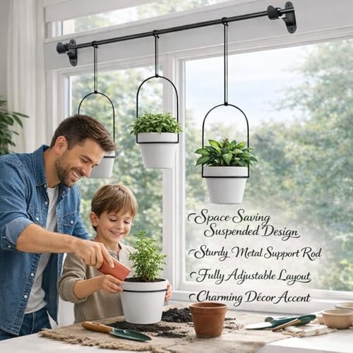 Adjustable Hanging Window Planter Set, Metal Rod Plant Hanger with 3 Pots, Indoor Herb Garden Plant Shelf for Windowsill, Balcony, Kitchen, Apartment (Black) - Image 2