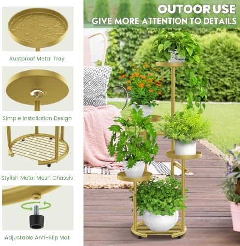 TOSKING Tall 5-Tier Round Metal Corner Plant Stand Indoor, Anti-Tip, Gold - Image 4