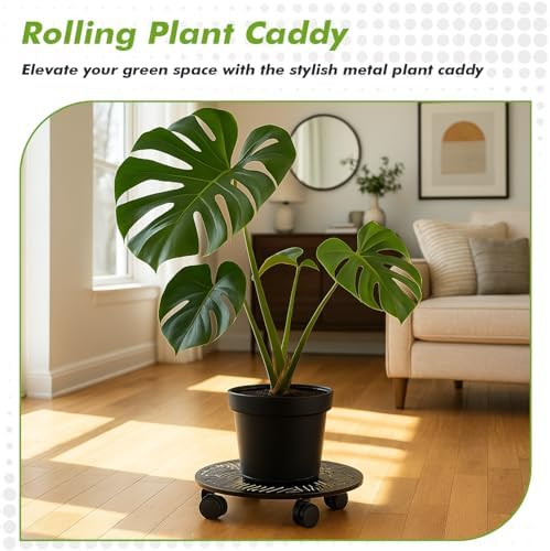 Planterhoma 2 Packs 10 Inch Rolling Plant Stand with Wheels Metal Plant Caddy with Wheels Heavy Duty Plant Rollers with Metal Wheels Round Wrought Iron Plant Stand with Tropical Leaf - Image 2