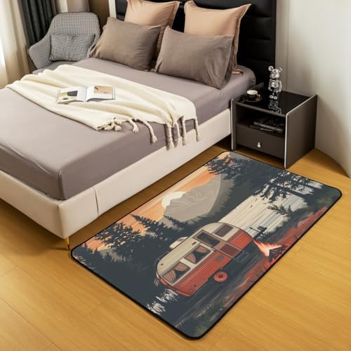 Erosebridal Sunset Rv Campfire Area Rug 4'11" x 3'3" Woodland Lake Mountains Living Room Rugs Camping Cartoon Nature Decorative Carpet Farmhouse Black Red Indoor Floor Mat - Image 3
