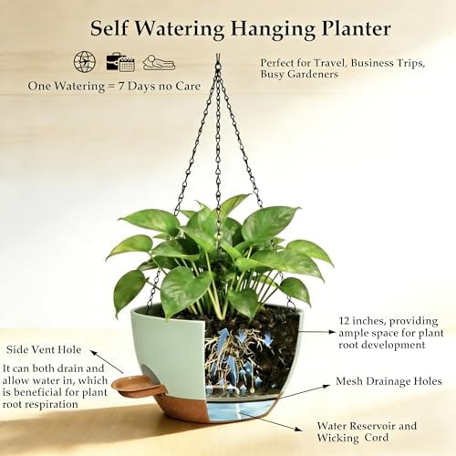 12 Inch Self Watering Hanging Planters 2 Pack, Green Brown - Image 5