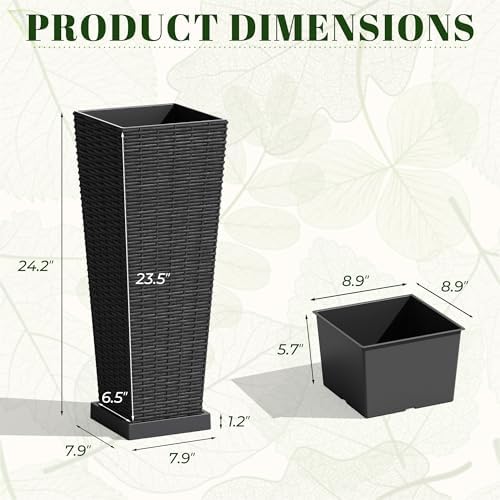 JUMMICO 23.5" Front Porch Resin Rattan Tall Planters 2 Pc, Inner&Outer Tray - Image 2
