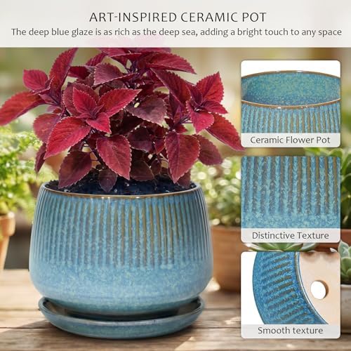 10.3 Inch Ceramic Planter with Saucer,Modern Garden Pots with Drainage Hole Mesh Net, for Indoor Outdoor Use(Crackle Blue) - Image 3
