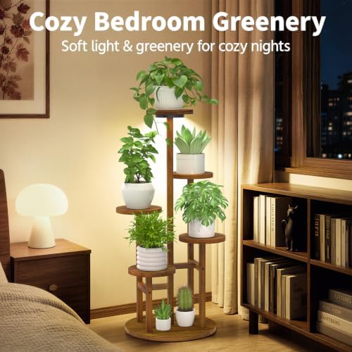 LASZOLA Wood Small Plant Stand Table Indoor Tall with Lights, 5 Tier Brown - Image 3