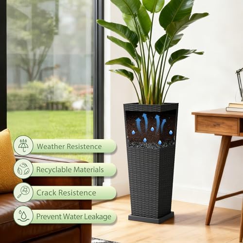 Greesum Set of 2 Tall Plastic Planters with Saucer, 32 Inch, Black - Image 3