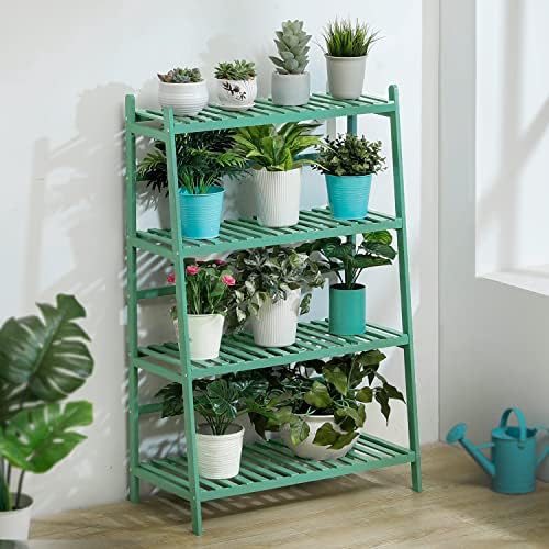 MoNiBloom Ladder Shelf Bamboo 4-Tier Plant Stand Display Storage Organizer Flower Rack Planter Holder for Living Room Corner Balcony Lawn Patio Indoor Outdoor, Green - Image 3