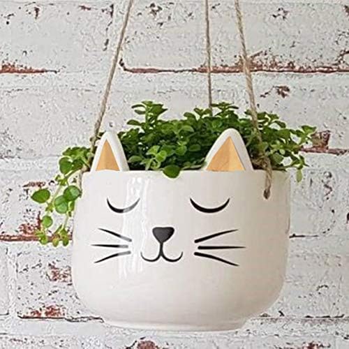 Planter for Succulent Plant Ceramic Plant Pots Indoor, Novelty Planters for Home Office Garden (White Cat w Gold Ears, Hanging, 2) - Image 5