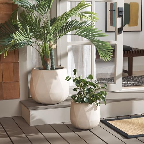 SAFAVIEH Outdoor Collection Kane Beige Cement Ficonstone Planter Pot Set of 2 - Image 2