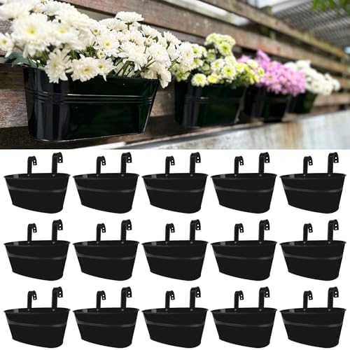 LaLaGreen Rail Planter Outdoor Plants(11.8 Inch, 15 Pack) Black Metal Iron Hanging Flower Pots Deck Railings Fence Buckets Modern Countryside Boho Style Wall Mount Window Box Plant Holder Porch Decor by L%C3%A1L%C3%A1Green