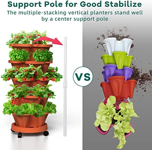 Strawberry Vertical Planters 2 Pack, 5 Tiered Stacking Tower Garden with Support Pole, Stackable Herb Vegetable Planters Indoor Outdoor Terra Cotta - Image 6