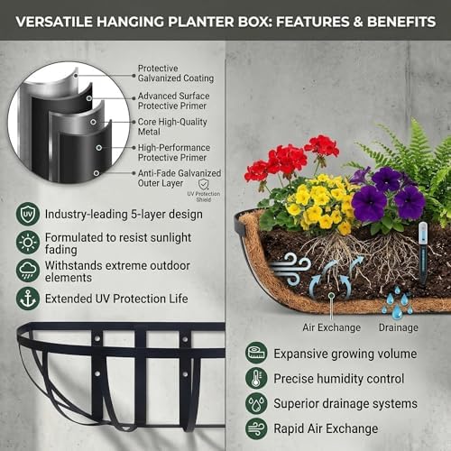 2 Pack 24" Railing Planter Window Box with Coco Fiber Liner Horse Trough Planter The Railing Planters Boxes for Deck Porch Fence Outdoor - Image 6