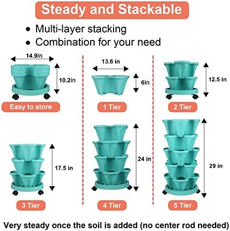 GameXcel Vertical Planter Tower - 5 Tier Stackable Garden Planters with Wheels and Tools Plant Pots for Strawberry Herb Flower and Vegetable Indoor Outdoor Use Teal - Image 5