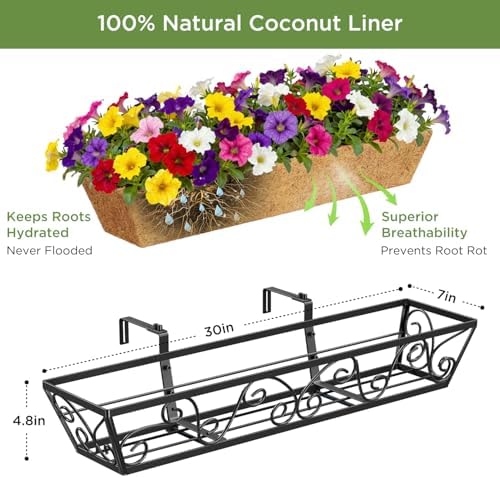 Y&M 30 Inch Window Deck with Coco Liner, Fence Metal Hanging Flower Planter Window Basket Deck Railing Planter Boxes for Outdoor Garden Lawn-Butterfly, 4pcs - Image 3