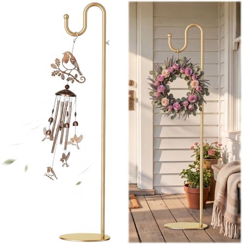 74" Shepherds Hook Stand: Hanging Wind Chimes, Bird Feeders, Plants, Gold by saffruff