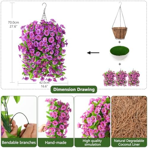 Homsunny Artificial Faux Hanging Flowers Plants Baskets for Outdoor Spring Summer Decorations,Resistant Fake Morning Glory Silk Plants for Outside UV Resistant Patio Yard Home Porch Decor(Gradient) - Image 4