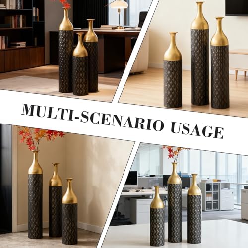 Tall Floor Vases Set of 3 for Decor Living Room Floor, Black and Gold Vases Home Decor, Embossed Body Pattern, 34.25" H/30.31" H/24.8" H Geometric Cylinder (Gold 8) - Image 7