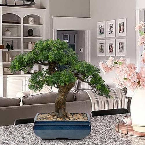 Artificial Bonsai Tree Juniper Faux Plants Indoor Fake Plants Decor with Blue Square Ceramic Pots for Home Table Office Desk Bathroom Shelf Bedroom Living Room Farmhouse Decorations - Image 5