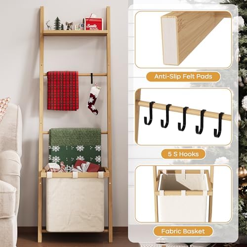 63" Bamboo Blanket Ladder with Shelf, Fabric Storage Basket and 5 Hooks - Image 3