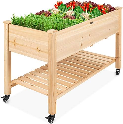 Best Choice Products Raised Garden Bed 48x24x32-inch Mobile Elevated Wood Planter w/Lockable Wheels, Storage Shelf, Protective Liner - Natural by BestChoiceProducts