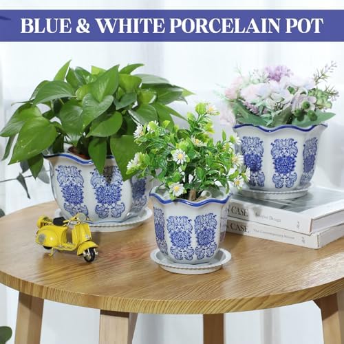 Briwooody Set of 3 Chinoiserie Planters Blue White Ceramic, Classic Style - Image 6