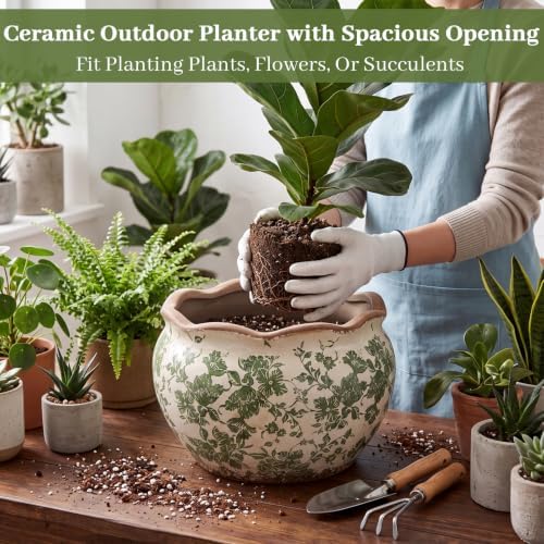 Geetery Ceramic Planter Pot 11 Inch Round Plant Pot, Vintage,Green,Large - Image 6
