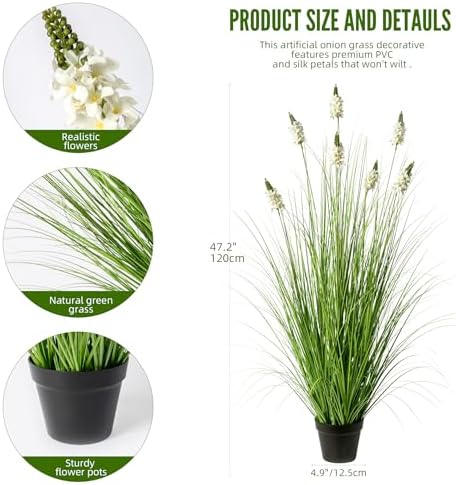 Artificial Plants Indoor Tall Grass Plants with Hyacinth Flower 47.2In Tall Artificial Ornamental Grass Green Onions Outdoor Fake Plants with Black Pot Home Office Decorative (1 Pack,White) - Image 2