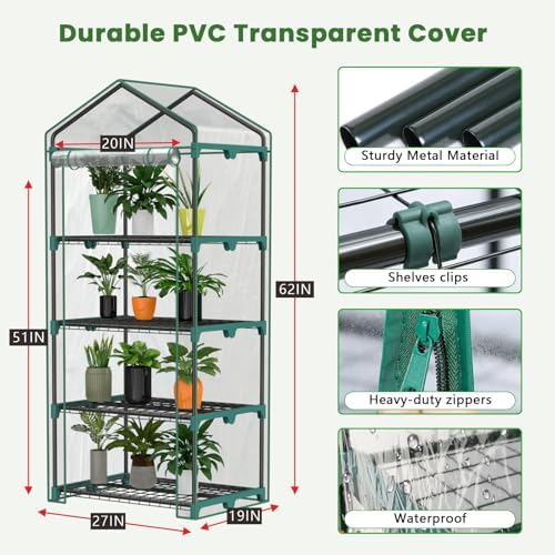 Indoor Greenhouse with Grow Lights, 4 Tier 27" L×19" W×62" H Mini Greenhouse with Zippered PVC Cover for Seed Starting Trays, Dimmable 2FT 60W Plant Light for Indoor Plants with Timer - Image 6