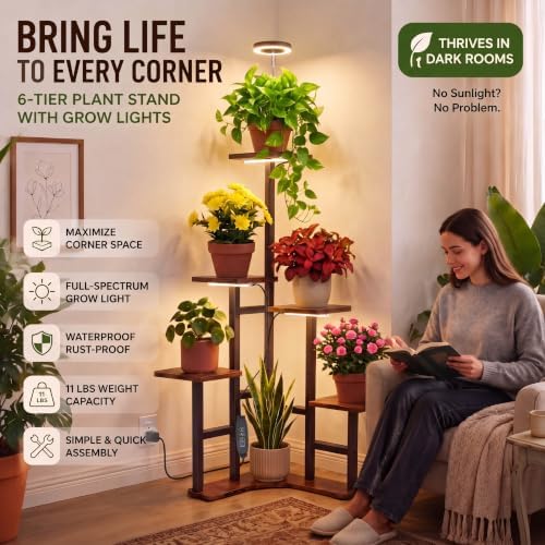 Plant Stand Indoor with Grow Lights, 6 Tiered Corner Plant Stands for Indoor Plants, Max Height: 43" Corner Shelf & Plant Shelf, Flower Display Holder, Corner Shelves for Living Room Gardening Warm Light Auto Timer 3H/9H/12H - Image 2