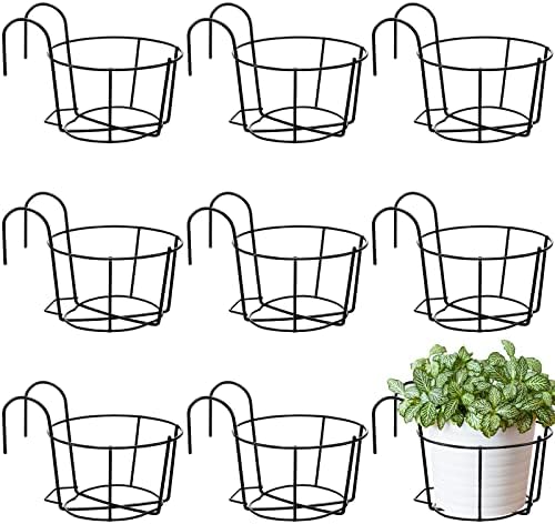 Wesiti 10 Pcs Round Hanging Railing Planters Outdoor Balcony Planters Metal Hanging Baskets Flower Pot Holder for Fence Indoor Porch Shelf Container(8 Inch,Black) by Unteilti