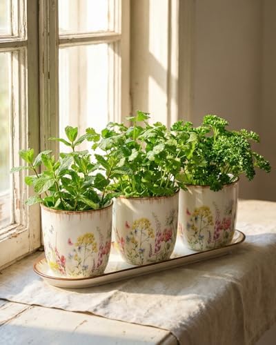 vensovo Ceramic Planter Set with Tray, 3 Small Herb Pots, Meadow Floral - Image 2