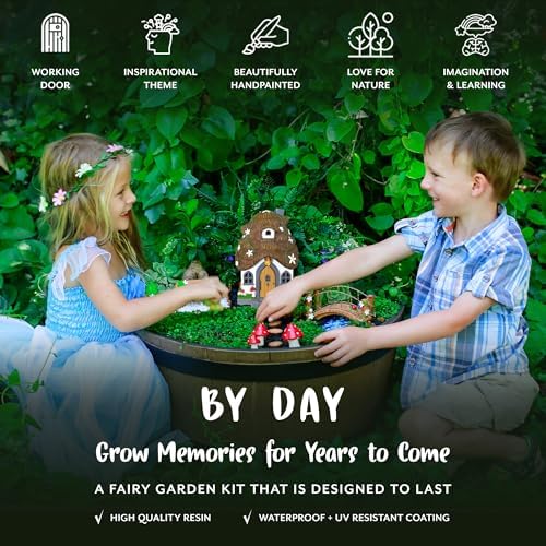 WILD PIXY Fairy Garden Kit - 13 Piece Glow in the Dark Decorative Accessories with 7.1" Outdoor Fairy House with Opening Door and Solar LED Light, Garden Door for Trees, Stones, Indoor/Outdoor Decor - Image 3