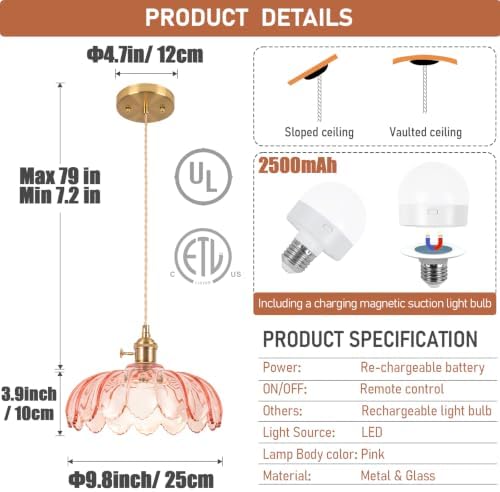 Battery Operated Pendant Light,Pink Vintage Light Fixtures RGB Rechargeable Light Bulb 2500mAh 9.8in with Remote Control Wireless Adjustable Chandelier for Kitchen Island Hallway 1 Light - Image 2