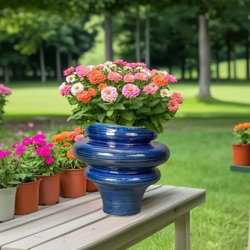 Ceramic Pots for Plants - 11 Inch Ceramic Planter with Drainage Hole, Unique Planters for Indoor Outdoor, Large Decorative Flower Pot, Home Office Room Decor, Gifts for Plants Lover, Blue - Image 3