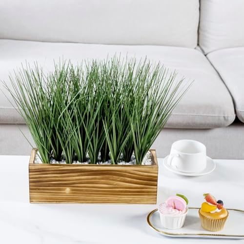 MyGift 12 Inch Artificial Grass Plant, Rustic Burnt Wood Planter Box - Image 4