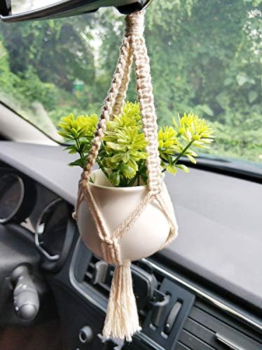 Dahey Mini Macrame Plant Car Accessories Rear View Mirrior Charm Cute Hanging Rearview Car Decor Hanging Fake Plant Artificial Decor Macrame Plant Hanger with Artificial Vines - Image 2