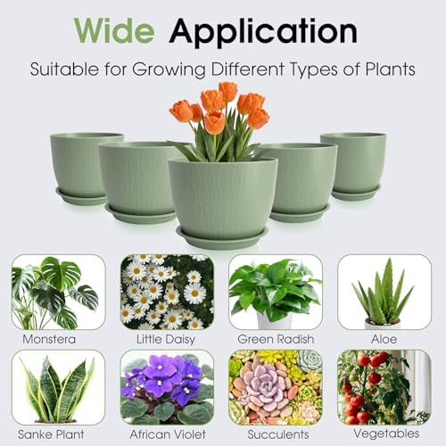 GARDIFE 5-Pack Plastic Plant Pots 7-10in with Drainage & Saucers, Green - Image 5