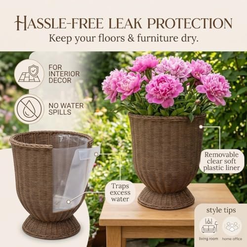 Goblet Urn Shape Wicker Planter,Rattan Woven Plant Basket, Rustic Flower Vase, Rattan Urn Vases & Planters Pot for Boho Home Outdoor Plants Décor (2PCS) - Image 4