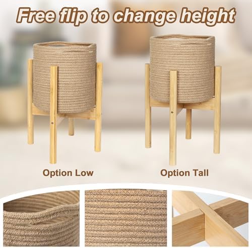 Plant Basket with Stand, Indoor Round Wicker Basket Plant with Bamboo Wood Stand, Decorative Woven Rope Flower Indoor Planter with Legs, Boho Bamboo Wood Planter Holder (Jute) - Image 3