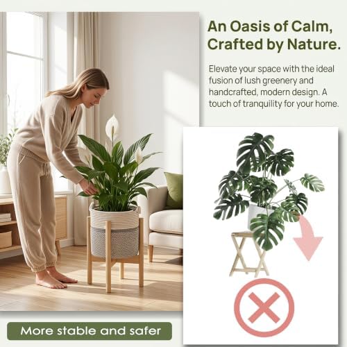 Flower Pot Rattan Plant Stand Planter with Stand, Tall Indoor Boho Woven Wicker Storage Basket with Adjustable Wood Shelf (White & Grey) - Image 3