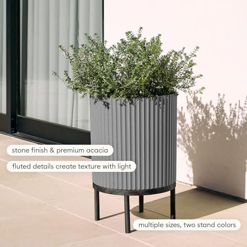Veradek Demi Series Round Planter w/ Stand for Porch/Patio | Durable Plastic-Concrete & Wooden Stand | Modern Décor for Tall Plants, Flowers - Image 4