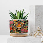 Animal Tiger Stripe Chinoiserie Ceramic Planters Orange and Coral Peony Flower Flower Pots for Indoor Plants with Drainage Holes and Saucers Pot for Home Office Decoration - Image 7