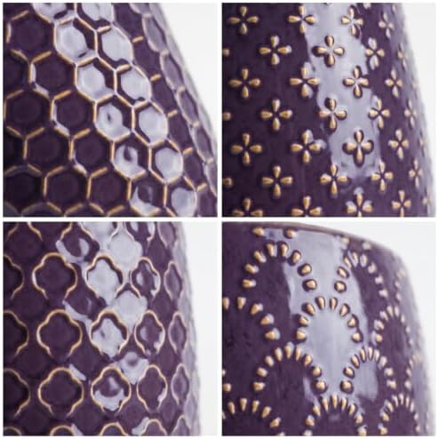 EFISPSS Ceramic Plant Pots, 5 Inch Planters with Drainage Holes and Ceramic Tray, Relief Design Flower Planter, Desktop Office Windowsill Decoration Gift Set of 4 - Purple - Image 3