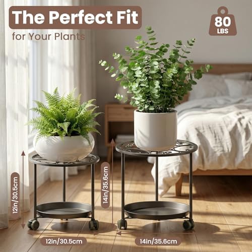 TOSKING 2-Pack Black Round Rolling Plant Caddies with Water Tray – Metal Stands with Wheels, Elegant Floral Pattern, for Indoor Planters (14" & 12") - Image 3