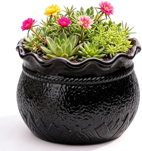 Ceramic Planter Pots, 8 Inch Plant Pot for Indoor Plants, Black by Fivepot