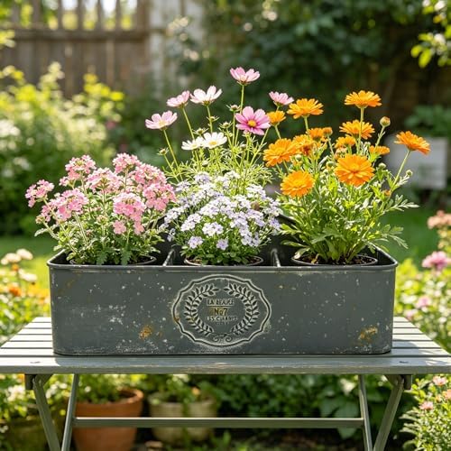 Vintage Metal Planter with Wooden Handle, Rustic Flower Pot with 6 Compartment Farmhouse Plants Holder Succulents Tubs for Garden Patio Yard Outdoor Decor (Blue - 6 Compartment) by Unknown