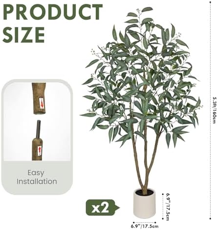 Eucalyptus Trees Artificial Indoor - 2PCS 5FT Tall Faux Eucalyptus Plants in White Planter, Fake Plant Décor for Farmhouse Bedroom Office Room Hallway Decoration - Image 2