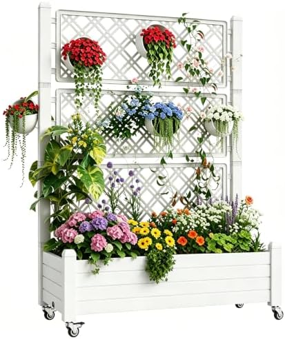 Trellis Raised Garden Bed, Self-Watering Planter Box, White by NBYSGO
