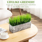 MyGift 14 Inch Artificial Green Grass Plant in Gray Marble Pattern Resin Ribbed Rectangle Planter, Faux Greenery Rectangular Cement Pot Centerpiece Home Décor - Image 2