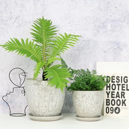 8 Inch + 6 Inch Retro Ceramic Planter Set of 2 with Drainage Hole and Saucer for Multiple Plants, Indoor-Outdoor Garden Pots for Succulent, Orchid, and Flower (Retro White) - Image 4