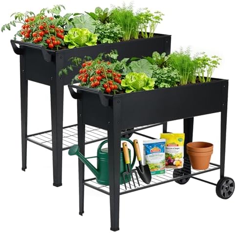 2-Pack 32" Tall Elevated Raised Garden Bed with Wheels and Shelf by FOYUEE